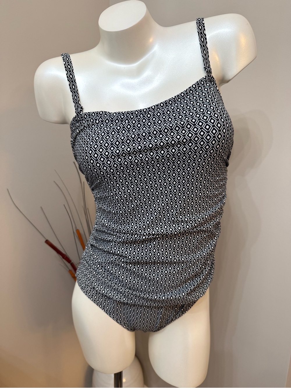 Dkny One Piece Bandeau Maillot Swimsuit L Black White Removable Straps Ruching